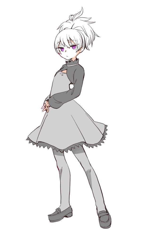 1girl closed_mouth darker_than_black dress galahad_01 looking_at_viewer pantyhose ponytail purple_eyes short_hair simple_background solo white_background yin_(darker_than_black)