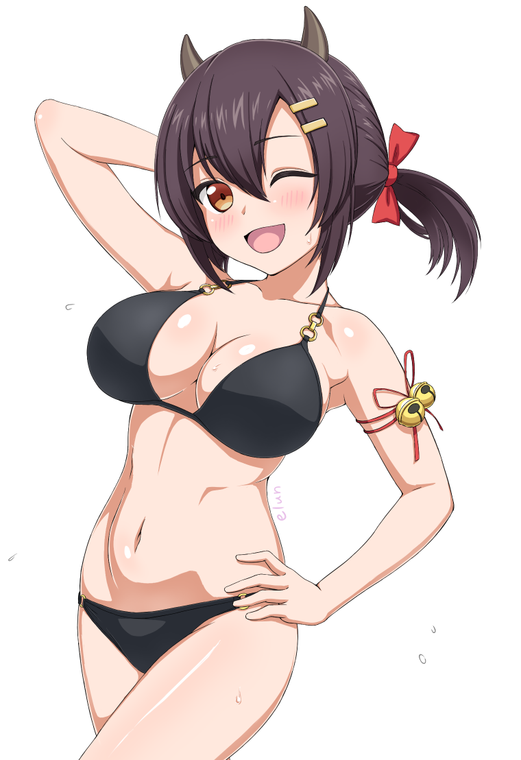 1girl ;d arm_ribbon arm_up armpits artist_name azur_lane bare_shoulders bell bikini black_bikini blush breasts brown_eyes brown_hair cleavage collarbone commentary_request commission cowboy_shot elun hair_between_eyes hair_ornament hairclip hand_on_own_hip horns jingle_bell large_breasts long_hair looking_at_viewer low_twintails nagara_(azur_lane) navel one_eye_closed oni_horns open_mouth ribbon sidelocks simple_background skeb_commission smile solo standing stomach swimsuit twintails white_background