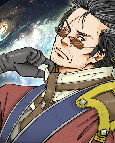 1boy arisa_(arinko0325) armor auron beard_stubble black_gloves black_hair closed_mouth coat commentary_request facial_hair final_fantasy final_fantasy_x gloves looking_at_viewer lowres male_focus mature_male multicolored_hair mustache_stubble old old_man one_eye_closed red-tinted_eyewear red_coat scar scar_across_eye scar_on_face shoulder_armor stubble tinted_eyewear white_hair