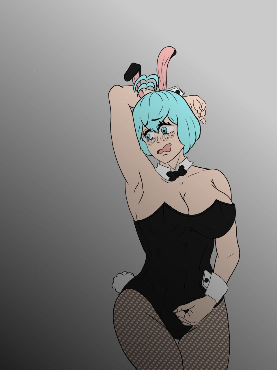 1girl animal_costume black_clover blue_hair blush breasts embarrassed grey_(black_clover) highres hola_in large_breasts rabbit_costume rabbit_ears rabbit_tail short_hair