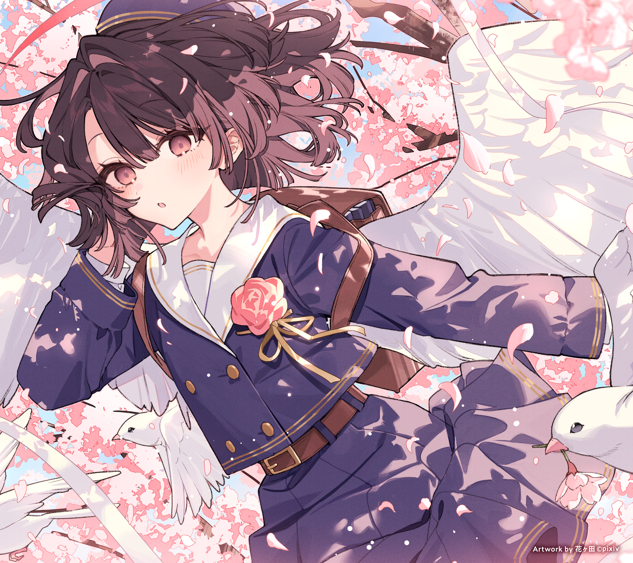 1girl :o animal arm_behind_head backpack bad_link bag belt belt_buckle beret bird blue_hat blue_shirt blue_skirt blue_sky blush branch brown_belt brown_eyes brown_hair buckle day feathered_wings flower hair_between_eyes hanagata hand_up hat highres original outdoors parted_lips petals pink_flower pleated_skirt sailor_collar school_uniform serafuku shirt skirt sky solo white_sailor_collar white_wings wings