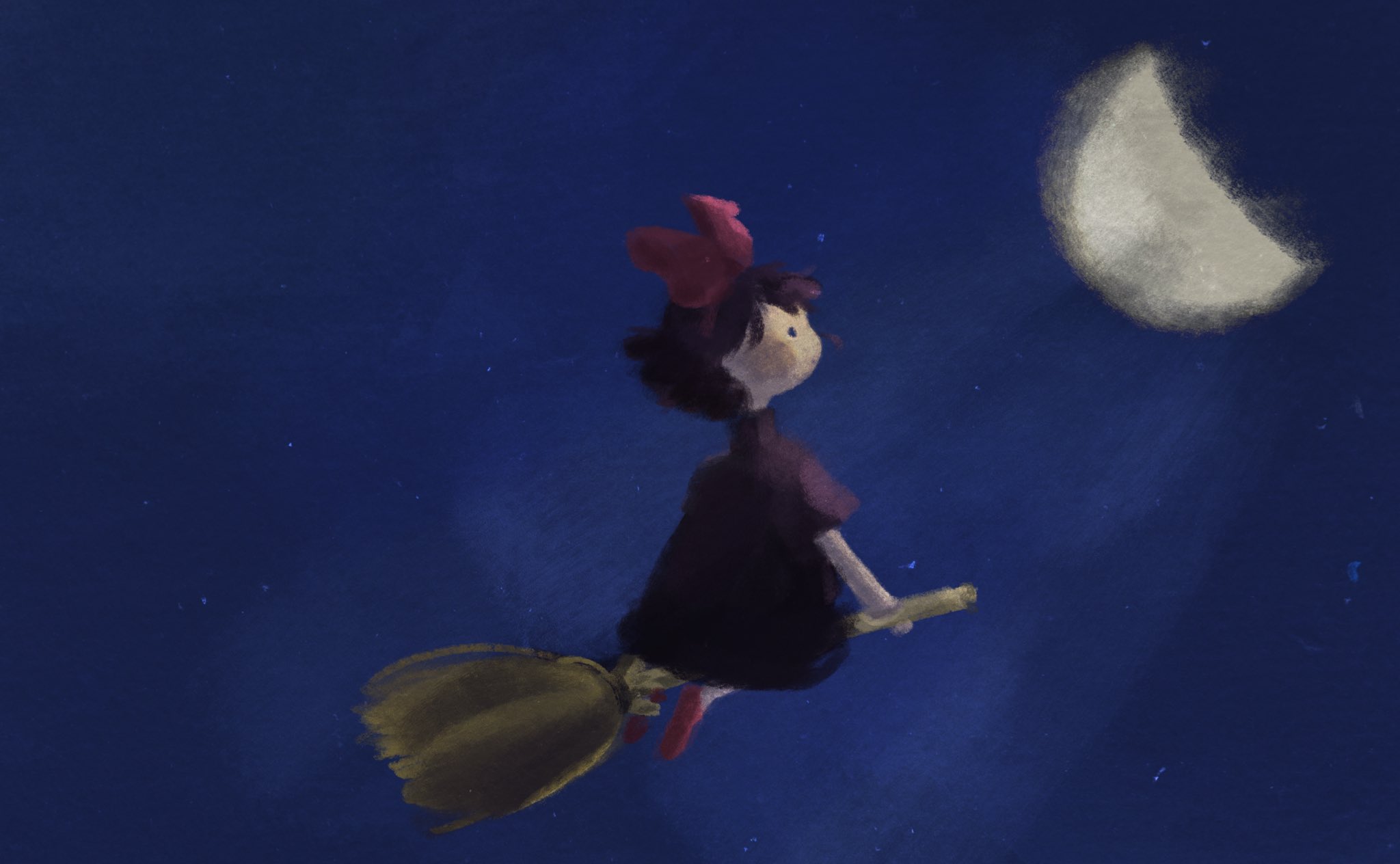 1girl bare_arms black_dress blue_eyes blush_stickers bow broom broom_riding closed_mouth commentary dress flying from_side gibbous_moon hair_bow hairband happy highres kiki_(majo_no_takkyuubin) lily_hoang-zhu long_dress majo_no_takkyuubin moon night night_sky red_bow red_hairband red_shoes shoes short_sleeves sky smile solid_circle_eyes solo star_(sky) starry_sky symbol-only_commentary turtleneck turtleneck_dress