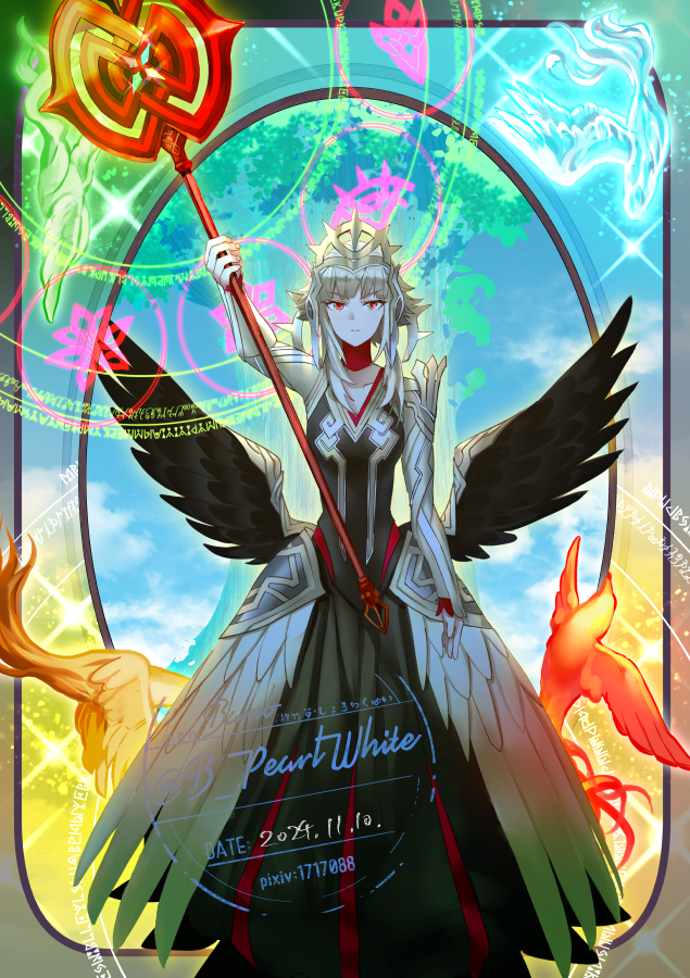 1girl armor armored_dress artist_name bird black_dress choker dated dress earth_elemental elemental_(creature) facing_viewer fake_halo fake_wings fire_elemental fire_emblem fire_emblem_heroes grey_hair halo holding holding_staff magic_circle nintendo official_alternate_costume official_alternate_hairstyle red_choker red_eyes shoochiku_bai short_hair short_hair_with_long_locks sidelocks staff tarot the_world_(tarot) tiara veronica_(fire_emblem) veronica_(princess_rising)_(fire_emblem) water_elemental wind_elemental wings yggdrasil