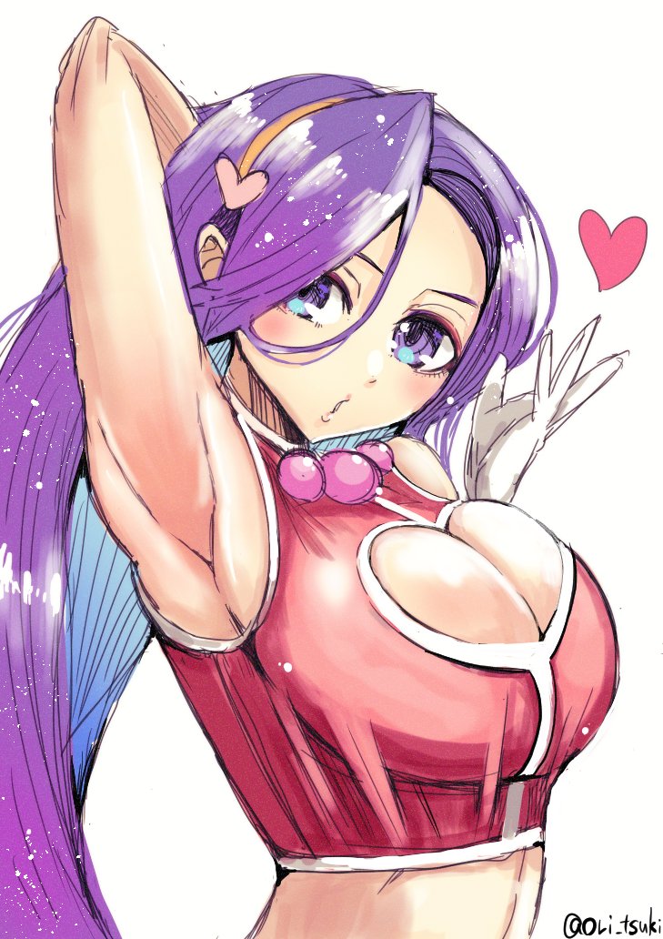 1girl arm_behind_head arm_up armpits asamiya_athena blowing_kiss breasts bursting_breasts cleavage cleavage_cutout clothing_cutout gloves heart large_breasts long_hair looking_at_viewer midriff ori_tsuki psycho_soldier purple_eyes purple_hair snk solo the_king_of_fighters the_king_of_fighters_2003
