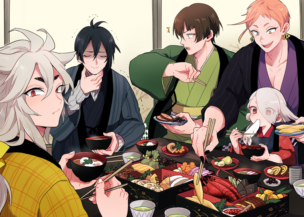 10s 50yen_(gojiue) 5boys bishounen black_hair blunt_bangs blunt_ends bowl brown_hair chopsticks commentary_request earrings eating eyes_visible_through_hair fang food forehead hair_over_one_eye ima-no-tsurugi indoors ishikirimaru iwatooshi japanese_clothes jewelry kogitsunemaru long_hair long_sleeves looking_back male_focus mikazuki_munechika multiple_boys new_year open_mouth orange_eyes orange_hair osechi red_eyes revision shaded_face sharp_teeth short_eyebrows sitting smile teeth thick_eyebrows touken_ranbu trembling white_hair