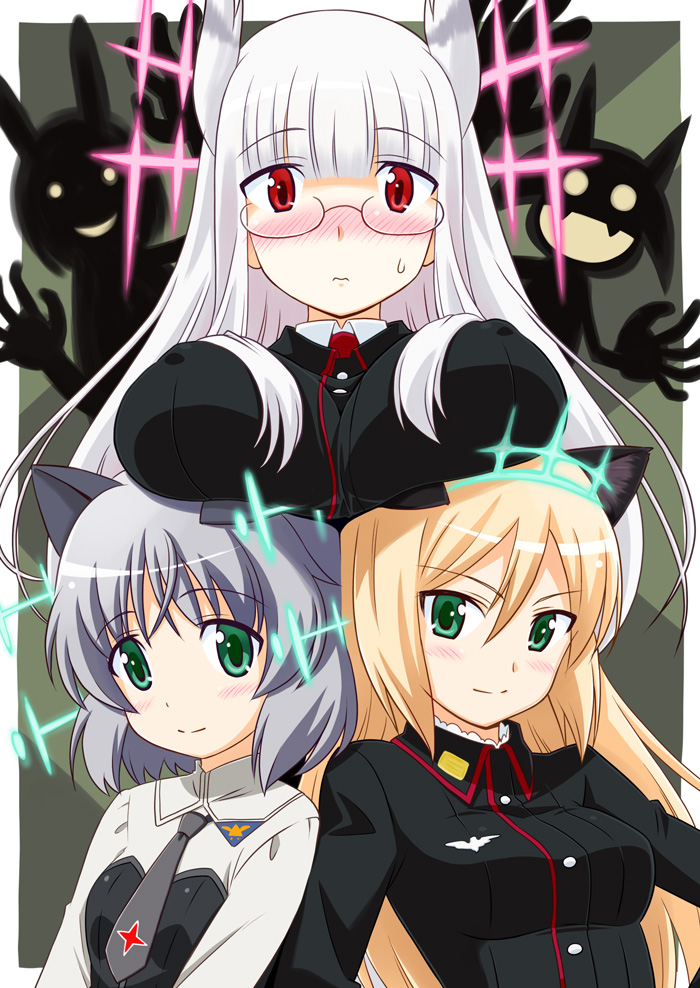 10s 5girls animal_ears aqua_eyes blonde_hair brave_witches breast_rest breasts breasts_on_head cat_ears fang glasses grey_hair head_wings heidimarie_w._schnaufer heinrike_prinzessin_zu_sayn-wittgenstein hirschgeweih_antennas large_breasts medium_breasts military military_uniform miyafuji_yoshika multiple_girls noble_witches rabbit_girl red_eyes sanya_v._litvyak shimohara_sadako silhouette_demon small_breasts strike_witches white_hair wings world_witches_series yuuma_(artist) yuuma_(skirthike)