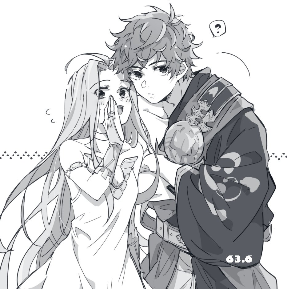 1boy 1girl 63_rok ? artist_name belt bridal_gauntlets choker collarbone cowboy_shot dress flying_sweatdrops gran_(granblue_fantasy) granblue_fantasy greyscale hand_up long_hair lyria_(granblue_fantasy) monochrome short_hair smile spoken_question_mark teeth upper_teeth_only