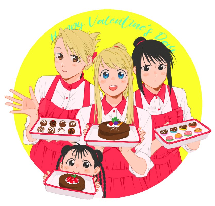 4girls apron black_eyes black_hair blonde_hair blue_eyes blush braid brown_eyes cake chocolate circle collar cookie dessert double_bun folded_ponytail food fullmetal_alchemist grey_eyes hanayama_(inunekokawaii) happy_valentine height_difference holding lan_fan looking_at_viewer may_chang multiple_girls open_mouth pastry ponytail red_apron red_collar riza_hawkeye shirt smile valentine white_background white_shirt winry_rockbell yellow_background