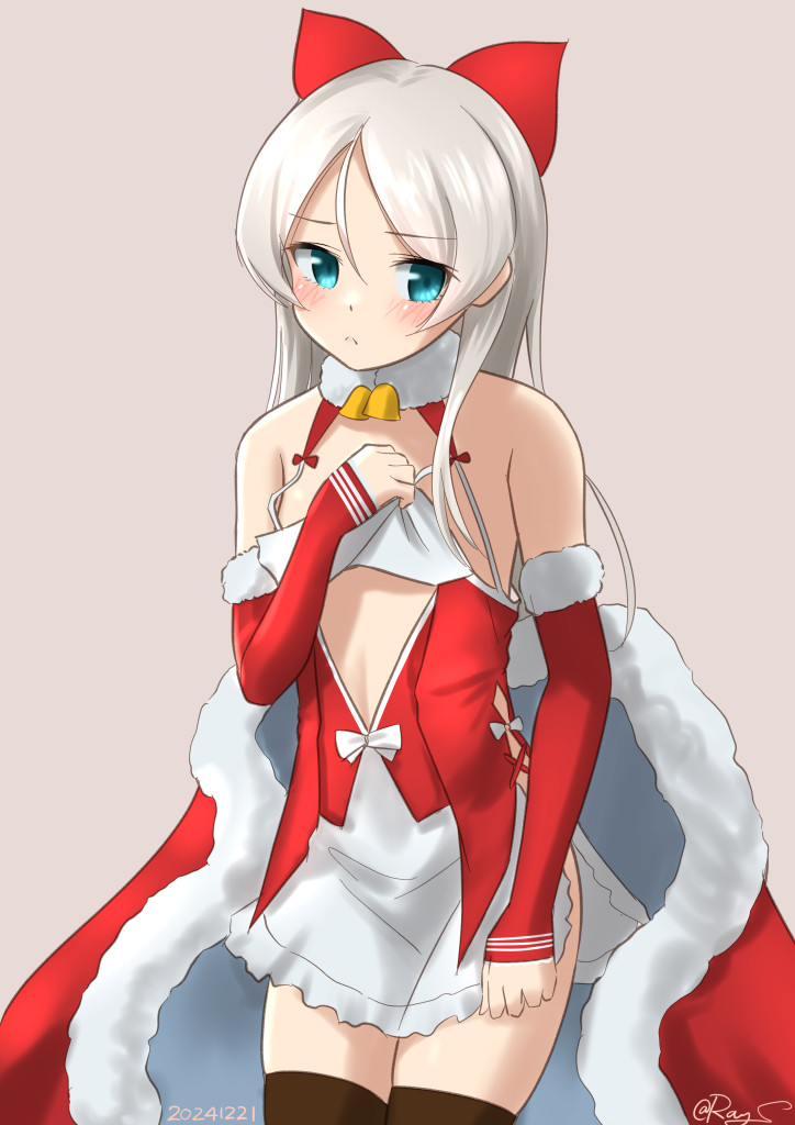 1girl arm_warmers bell black_thighhighs blue_eyes blush bow cape cosplay cowboy_shot dated dress flat_chest fur-trimmed_arm_warmers fur-trimmed_cape fur_collar fur_trim hair_bow javelin_(kancolle) johnston_(christmas)_(kancolle) johnston_(kancolle) johnston_(kancolle)_(cosplay) kantai_collection long_hair looking_at_viewer neck_bell parted_bangs pout ray.s red_arm_warmers red_background red_bow red_cape red_dress santa_costume sidelocks signature simple_background solo standing stomach thighhighs twitter_username wardrobe_malfunction white_hair
