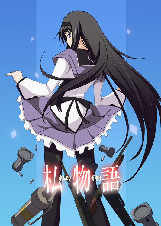 1girl akemi_homura akemi_homura_(magical_girl) bakemonogatari black_hair black_pantyhose bomb capelet curtsey explosive female_focus hairband long_hair magical_girl mahou_shoujo_madoka_magica mahou_shoujo_madoka_magica_(anime) monogatari_(series) pantyhose parody pipe_bomb pleated_skirt purple_eyes ribbon saitou_chiwa senjougahara_hitagi senjougahara_pose skirt skirt_hold solo tukuyo_kiriyuki voice_actor_connection