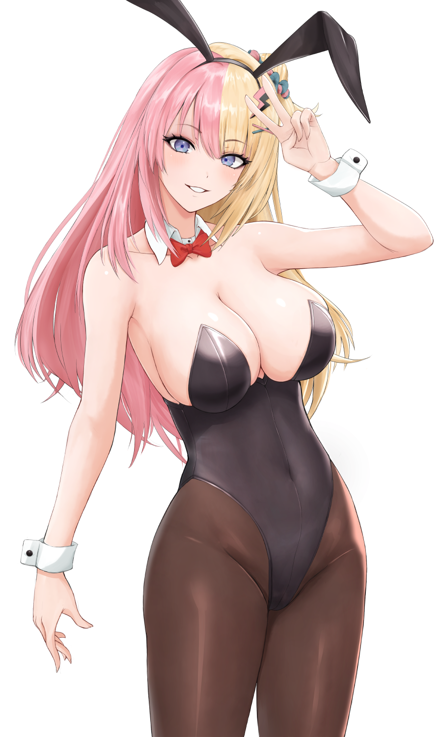 1girl alternate_costume animal_ears arm_at_side arm_up bare_arms bare_shoulders black_leotard black_pantyhose blonde_hair blue_eyes bow bowtie breasts cleavage collar commentary covered_navel cowboy_shot detached_collar fake_animal_ears grin groin hair_ornament highleg highleg_leotard highres kotoka_torahime large_breasts leotard lightning_bolt lightning_bolt_hair_ornament lightning_bolt_symbol long_hair looking_at_viewer multicolored_hair nijisanji nijisanji_en one_side_up pantyhose pink_hair playboy_bunny rabbit_ears red_bow red_bowtie simple_background smile solo split-color_hair strapless strapless_leotard teeth thighs two-tone_hair v vik_(xypt7474) virtual_youtuber white_background white_collar white_wrist_cuffs wing_collar wrist_cuffs x_hair_ornament