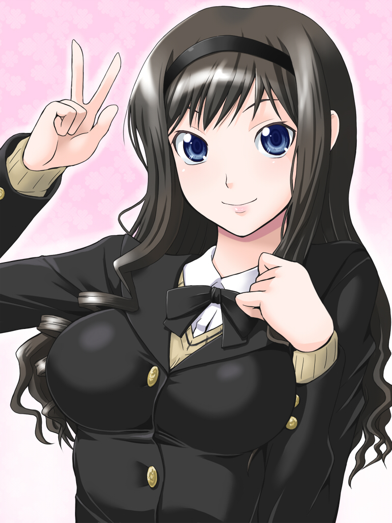 1girl amagami black_hair blazer blue_eyes bow bowtie breasts curly_hair female_focus gradient_background hairband jacket long_hair looking_at_viewer medium_breasts morishima_haruka pink_background school_uniform smile solo upper_body v white_background yaso_shigeru