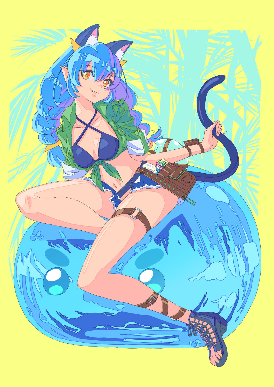 1girl agnes_tachyon_(lunatic_lab)_(umamusume) agnes_tachyon_(umamusume) agnes_tachyon_(umamusume)_(cosplay) animal_ears ankle_strap bikini blue_bikini blue_hair blue_sandals blue_shorts braid breasts cat_ears cat_tail collared_shirt commentary cosplay criss-cross_halter cutoffs extra_ears fang front-tie_top green_shirt hair_ribbon halterneck highres holding_own_tail jj_(ssspulse) leaning_to_the_side leg_up long_hair looking_at_viewer medium_breasts navel official_alternate_costume on_ball open_clothes open_shirt pointy_ears pouch precure prunce_(precure) ribbon sandals shirt short_shorts shorts sitting solo star_twinkle_precure swimsuit tail thigh_strap twin_braids umamusume wristband yellow_eyes yellow_ribbon yuni_(precure)