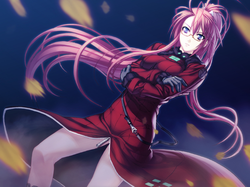 1girl blue_eyes closed_mouth crossed_arms dress dutch_angle floating_hair front_slit game_cg glasses gloves grey_gloves high_ponytail ignis_(jingai_makyou) jingai_makyou long_hair long_sleeves looking_at_viewer nishii_(damnedrive) official_art pink_hair ponytail red_dress solo standing very_long_hair yellow-framed_eyewear