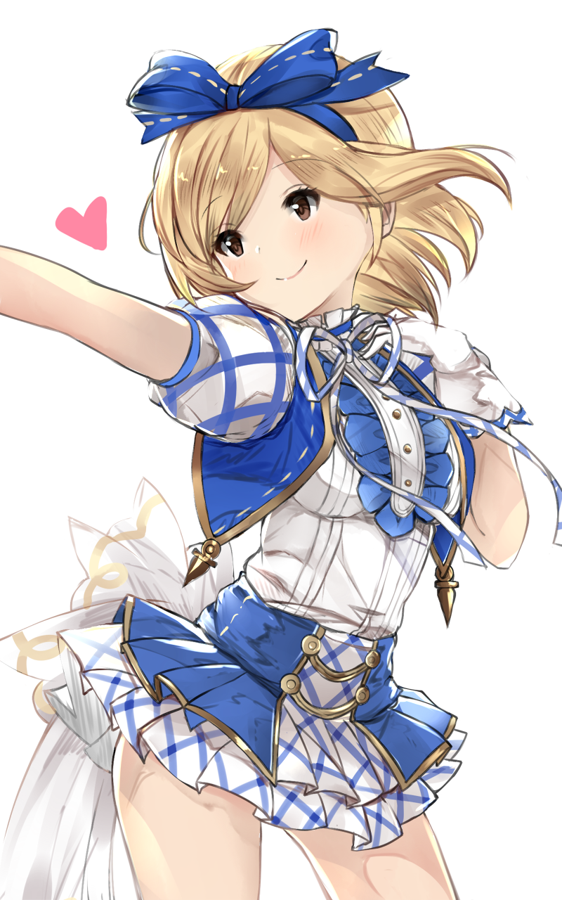 10s 1girl alternate_costume blonde_hair brown_eyes commentary_request cowboy_shot djeeta_(granblue_fantasy) female_focus gloves granblue_fantasy hairband heart highres kimi_to_boku_no_mirai nemun_(tamizzz) out_of_frame short_hair short_sleeves simple_background smile solo superstar_(granblue_fantasy) white_background white_gloves