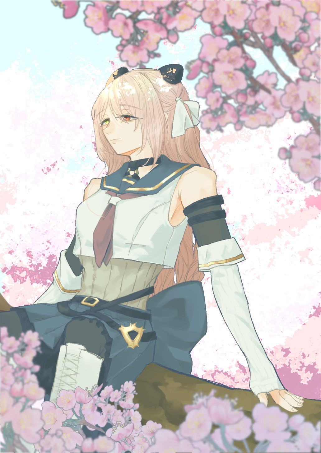 1girl armpit_crease arms_at_sides assault_lily back_bow bare_shoulders black_choker black_pantyhose blue_bow blue_sailor_collar blue_skirt blue_sky blurry blurry_foreground boots border bow branch breasts cherry_blossoms choker closed_mouth commentary crop_top day detached_sleeves doanobu8817 feet_out_of_frame flower grey_shirt hair_between_eyes hair_ribbon hairpods heterochromia highres knee_boots lace-up_boots layered_sleeves long_hair long_sleeves looking_ahead medium_breasts miniskirt neckerchief o-ring o-ring_choker odaiba_girls_high_school_uniform outdoors pantyhose pink_flower pink_hair pleated_skirt purple_neckerchief red_eyes ribbed_shirt ribbon sailor_collar school_uniform serafuku shiba_tomoshibi shirt sitting sitting_on_branch skirt sky sleeveless sleeveless_shirt sleeves_past_wrists solo undershirt white_border white_ribbon white_shirt yellow_eyes