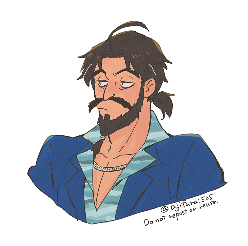 1boy asaya_minoru beard black_hair blue_jacket blue_shirt closed_mouth collared_shirt cropped_torso edward_teach_(fate) edward_teach_(midsummer_gentleman)_(fate) english_text facial_hair fate/grand_order fate_(series) jacket looking_away looking_to_the_side male_focus mustache pointy_ears shirt simple_background solo twitter_username white_background