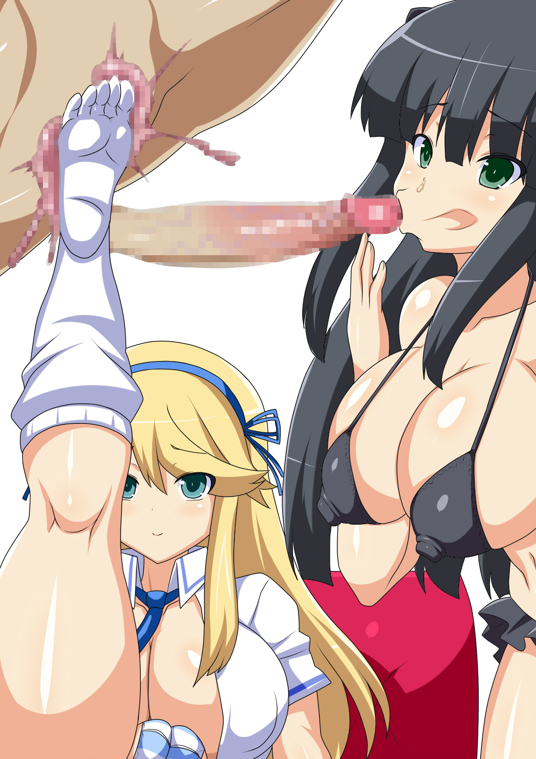 10s 1boy 2girls ball_busting bdsm bikini black_hair blonde_hair blue_eyes breasts castration cbt censored cleavage covered_erect_nipples crotch_kick curvy erection feet femdom green_eyes highres ikaruga_(senran_kagura) impossible_clothes katsuragi_(senran_kagura) kicking large_breasts long_hair multiple_girls no_shoes nude penis ruptured_testicle senran_kagura slashcat socks soles swimsuit testicles thick_thighs thighs toe_socks toes torture what