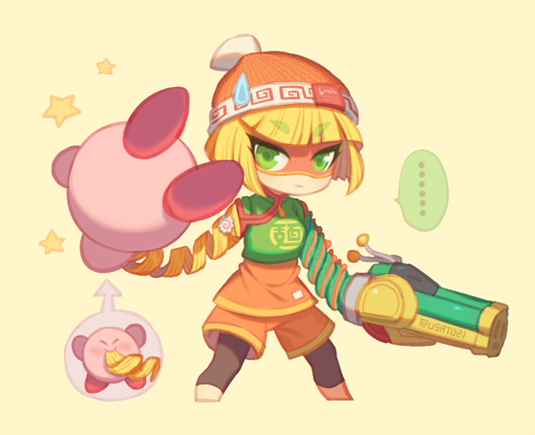 arms_(game) beanie blonde_hair dragon_(arms) eye_mask green_eyes hat kirby kirby_(series) min_min_(arms) nintendo short_hair super_smash_bros. wusagi2