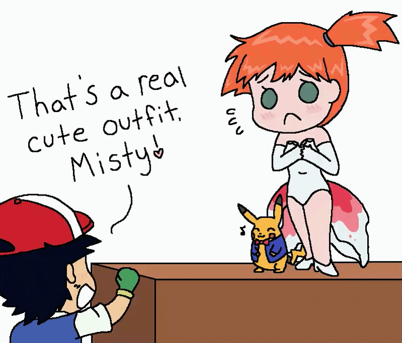 1boy 1girl animated animated_gif ash_ketchum asymmetrical_hair bare_shoulders blush breasts cosplay cowboy_shot dress elbow_gloves female_focus gen_1_pokemon gloves goldeen_(cosplay) green_eyes hair_tie legs looking_at_another misty_(pokemon) navel nintendo orange_hair pikachu pokemon pokemon_(anime) pokemon_(classic_anime) pokemon_ep043 ponytail shirt short_hair side_ponytail simple_background solo thighs