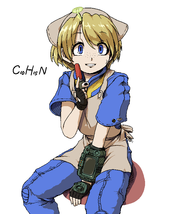 1girl apron between_legs black_gloves blonde_hair blue_eyes blue_jumpsuit brown_apron brown_headwear cross_scar facial_scar fallout fallout_3 fingerless_gloves freckles futaba_channel gloves grey_headscarf grin hair_between_eyes hand_between_legs hand_up headscarf heni_(nijiura_maids) jaggy_lines jumpsuit kuma_(kumahoihoi) nijiura_maids pip_boy scar scar_on_cheek scar_on_face short_hair short_sleeves simple_background sitting smile solo vault_suit white_background