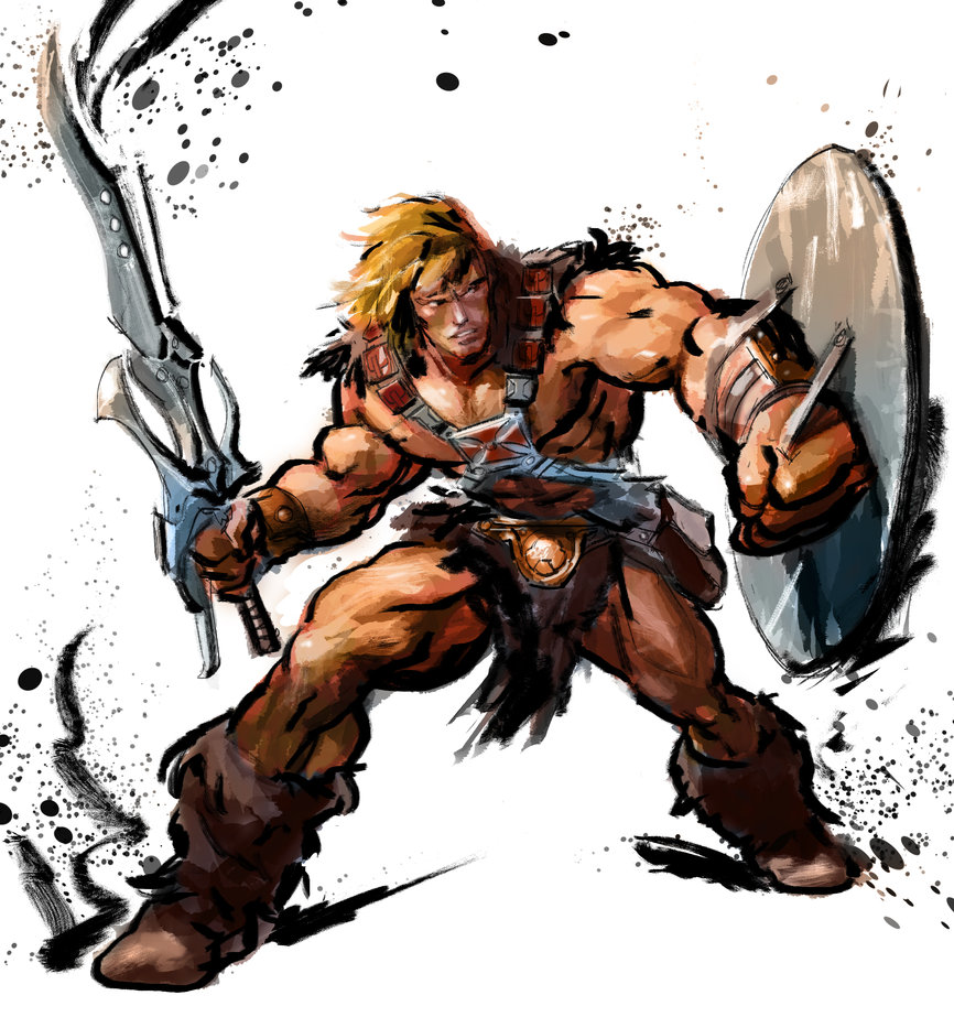 1boy arm_guards artist_request barbarian belt blonde_hair capcom crossover fantasy fur he-man ink male_focus manly masters_of_the_universe muscular parody redesign science_fiction shield solo street_fighter street_fighter_iv_(series) style_parody sword weapon