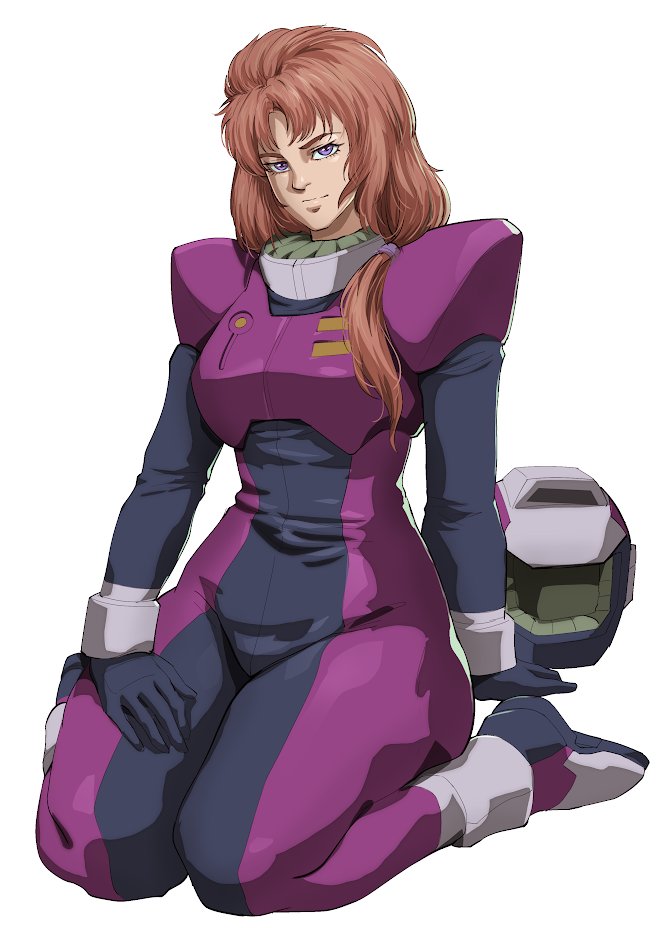 1girl breasts closed_mouth gundam gundam_unicorn helmet long_hair looking_at_viewer marida_cruz mecha_pilot_suit orange_hair ponytail porukima purple_eyes short_hair simple_background smile solo white_background
