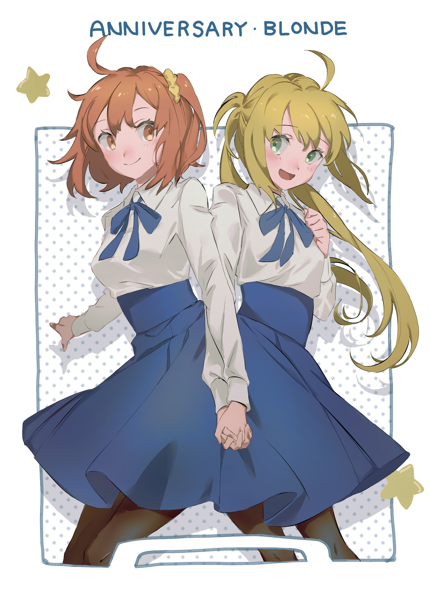 2girls :d ahoge artoria_caster_(fate) artoria_pendragon_(fate) blonde_hair blouse blue_ribbon blue_skirt blush brown_eyes brown_legwear closed_mouth collared_shirt cosplay eiki_(eikityou_55) english_text fate/grand_order fate_(series) floating_hair fujimaru_ritsuka_(female) fujimaru_ritsuka_(female)_(anniversary_blonde) green_eyes hair_ornament hair_scrunchie high-waist_skirt highres holding_hands interlocked_fingers long_hair long_sleeves matching_outfits medium_skirt multiple_girls neck_ribbon open_mouth orange_hair pantyhose ribbon saber_(fate) saber_(fate)_(cosplay) scrunchie shirt side_ponytail sketch skirt smile standing twintails very_long_hair white_background white_shirt wing_collar yellow_scrunchie