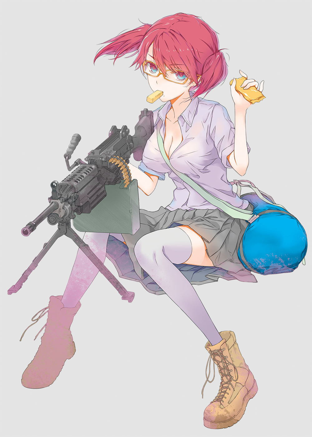 1girl blue_eyes boots eating female_focus fuyuno_haruaki glasses grey_background gun highres holding holding_weapon light_machine_gun looking_at_viewer m249_saw machine_gun original pink_hair simple_background skirt solo solo_focus thighhighs weapon