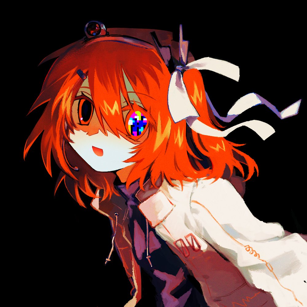 1girl a.i._voice adachi_rei arms_behind_back black_background black_shirt commentary_request darkness glitch hair_ornament hair_ribbon hairclip head_tilt headlamp headset hood hood_down jacket kajuu_(maimai_maimaa) leaning_forward looking_at_viewer medium_hair microphone open_clothes open_jacket open_mouth orange_eyes orange_hair pale_skin pixelated radio_antenna redrawn ribbon shaded_face shirt side_ponytail smile solo swept_bangs symbol_in_eye turtleneck underlighting upper_body utau white_jacket white_ribbon