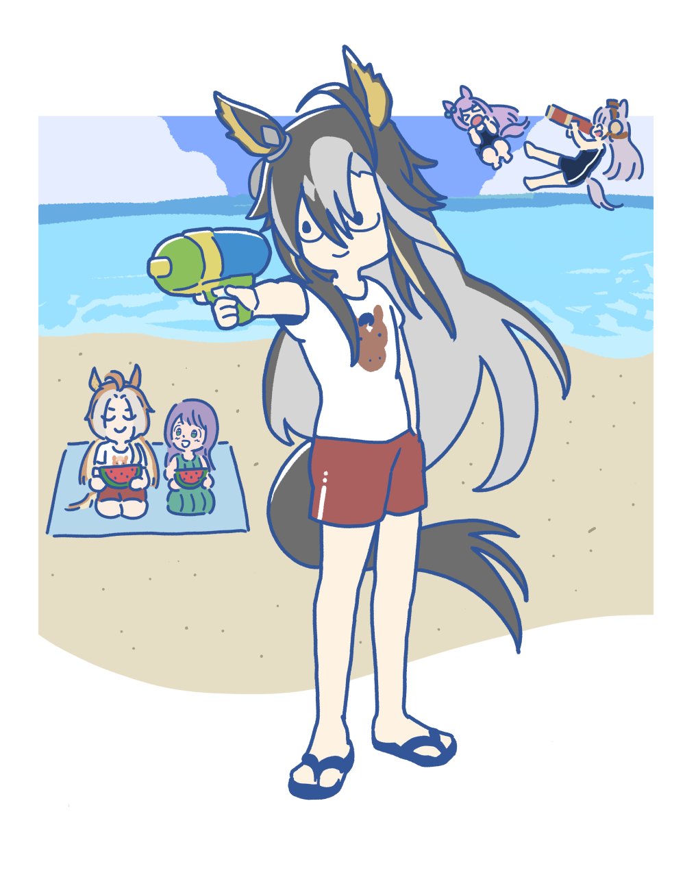 &gt;_&lt; 2024_summer_olympics 5girls :d ahoge aiming alternate_costume animal_ears blue_eyes brown_hair crazy_keiba_lady_(jra) dream_journey_(racehorse) dream_journey_(umamusume) dress ear_covers food fruit glasses gold_ship_(umamusume) green_dress grey_hair hair_intakes highres holding holding_food holding_fruit holding_water_gun holding_watermelon horse_ears horse_girl horse_print japan_racing_association long_hair looking_at_another mejiro_mcqueen_(umamusume) multicolored_hair multiple_girls olympics open_mouth orange_hair orfevre_(racehorse) orfevre_(umamusume) pillbox_hat purple_hair real_life red_shorts sandals seiza shirt short_sleeves shorts single_ear_cover sitting smile solo_focus swept_bangs t-shirt takadano_paka umamusume water_gun watermelon watermelon_slice white_hair yusuf_dikec yusuf_dikec_(meme)