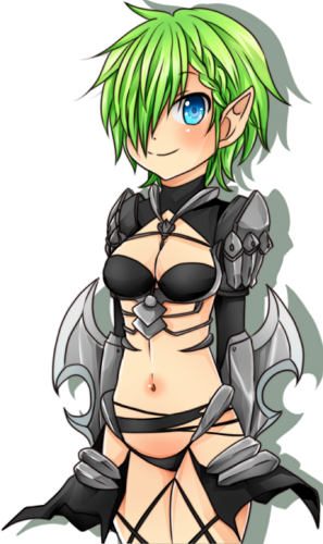 1girl arm_blade armor bikini_armor blue_eyes blush braid breasts cleavage closed_mouth commentary_request cowboy_shot green_hair guillotine_cross_(ragnarok_online) hair_over_one_eye looking_at_viewer lowres medium_breasts meiko_(nattu303) navel pauldrons pointy_ears ragnarok_online short_hair shoulder_armor shrug_(clothing) simple_background smile solo weapon white_background