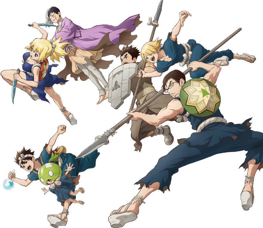 2girls 5boys asagiri_gen black_hair blonde_hair brown_hair chrome_(dr._stone) dr._stone ginro_(dr._stone) goggles holding kinro_(dr._stone) knife kohaku_(dr._stone) kunai multiple_boys multiple_girls official_art ooki_taiju polearm ponytail promotional_art reverse_grip shield spear suika_(dr.stone) sword weapon white_background