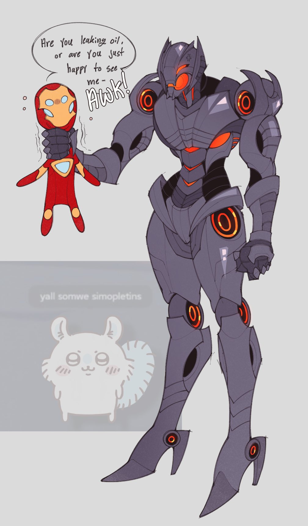 1boy android armor avengers_(series) blue_eyes chiikawa duckiegrumpy glowing glowing_eyes highres humanoid_robot iron_man male_focus marvel marvel_rivals meme open_mouth red_eyes robot simple_background superhero_costume ultron