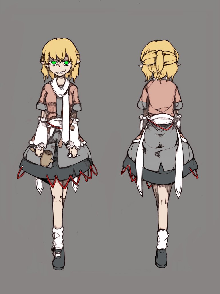 1girl ankle_socks black_footwear blonde_hair bolos brown_jacket reference_sheet commentary dress frilled_arm_warmers from_behind green_eyes grey_background grey_dress grin hammer holding holding_hammer holding_nail jacket knees looking_at_viewer mary_janes mizuhashi_parsee multiple_views nail nail_(hardware) open_clothes open_jacket pointy_ears ponytail sash scarf sharp_teeth shoes short_dress short_hair short_ponytail short_sleeves simple_background smile socks standing straight-on teeth touhou waist_sash white_arm_warmers white_sash white_scarf white_socks