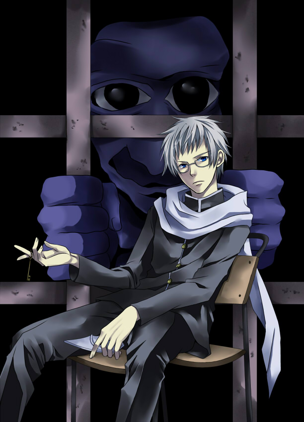 1boy ao_oni black_eyes blue_eyes chair hiroshi_(ao_oni) key looking_at_viewer scarf short_hair silver_hair sitting tarou_(you-0512) the_oni_(ao_oni)