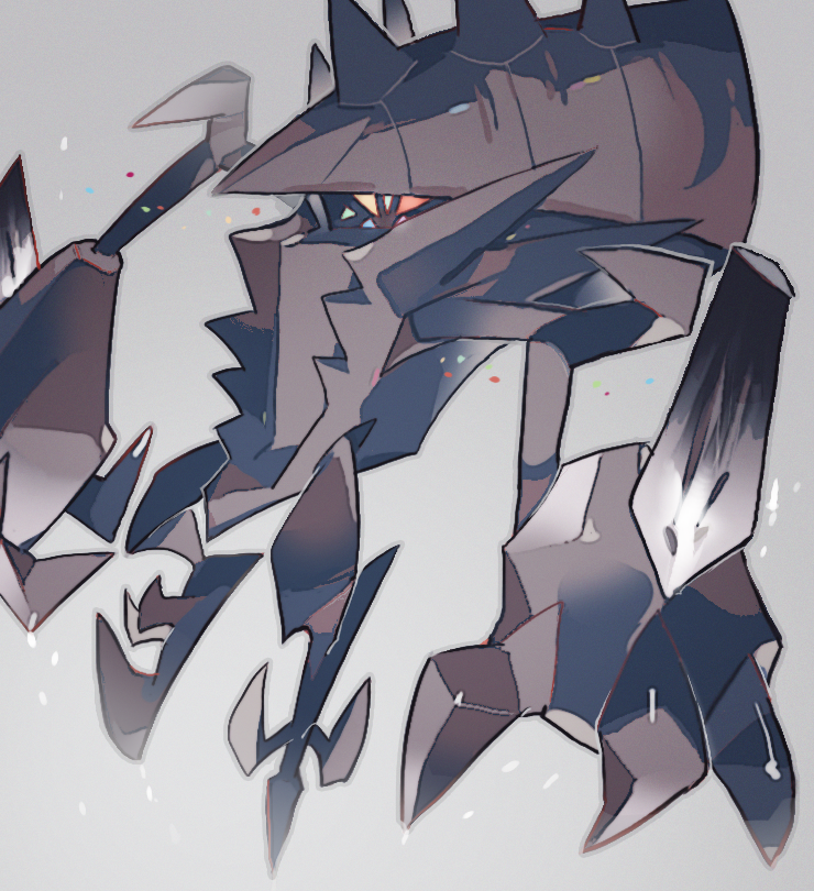 akadako arms_at_sides black_sclera claws colored_sclera dutch_angle full_body gen_7_pokemon grey_background grey_outline legendary_pokemon monochrome multicolored_eyes necrozma necrozma_(normal) nintendo no_humans one-hour_drawing_challenge outline pokemon pokemon_(creature) simple_background solo spikes