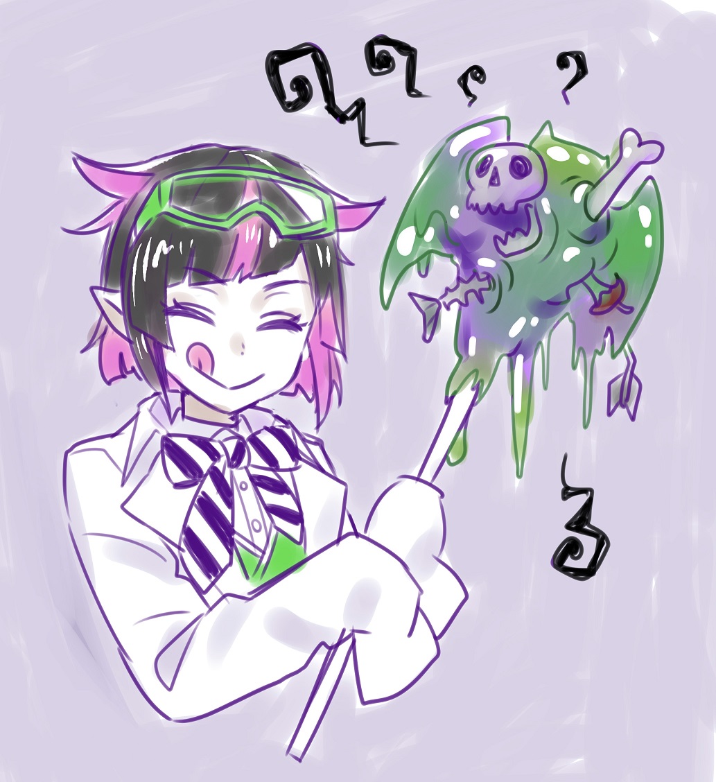 1boy apple apple_core black_hair bone closed_eyes coat commentary_request fish_skeleton food fruit funuyu goggles goggles_on_head lab_coat licking_lips lilia_vanrouge male_focus multicolored_hair pink_hair pointy_ears purple_background short_hair simple_background skull sleeves_past_fingers sleeves_past_wrists slime_(substance) solo streaked_hair tongue tongue_out twisted_wonderland upper_body white_coat