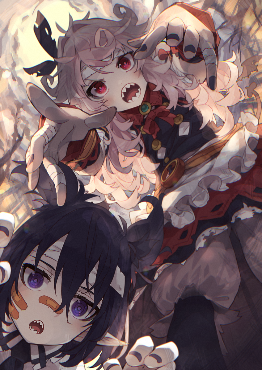 2girls animal_ears bad_id bad_pixiv_id bandaged_hand bandages bandaid black_hair black_nails blush fingernails hair_between_eyes halloween_costume highres long_hair looking_at_viewer multiple_girls nail_polish narumi_arata open_mouth original parted_lips pink_hair purple_eyes purple_hair recri_(narumi_arata) red_eyes revision sharp_teeth tail teeth wings zombie