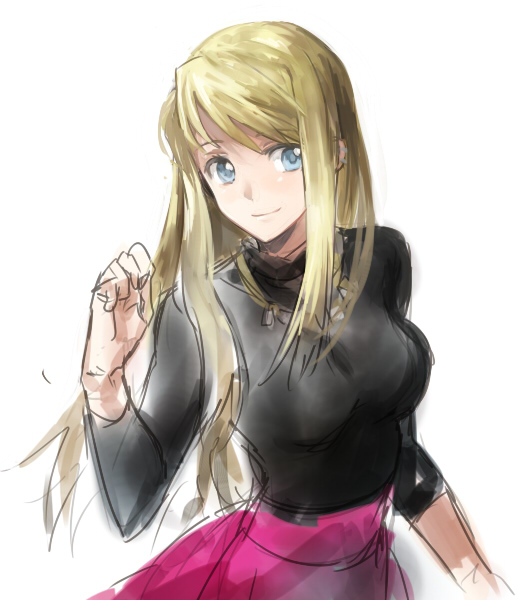 1girl arm_at_side black_shirt blonde_hair blue_eyes breasts cowboy_shot female_focus fullmetal_alchemist hand_up happy long_hair long_sleeves looking_away pink_skirt riru shirt simple_background skirt smile solo upper_body white_background winry_rockbell