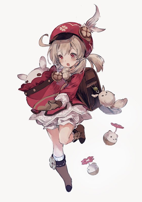 1girl ahoge backpack bad_id bad_twitter_id bag blush brown_footwear brown_gloves brown_hair feathers flower genshin_impact gloves grey_background hair_between_eyes hat hat_feather holding klee_(genshin_impact) medium_hair open_mouth oro_ponzu pointy_ears red_eyes red_flower red_hat simple_background socks solo twintails white_socks