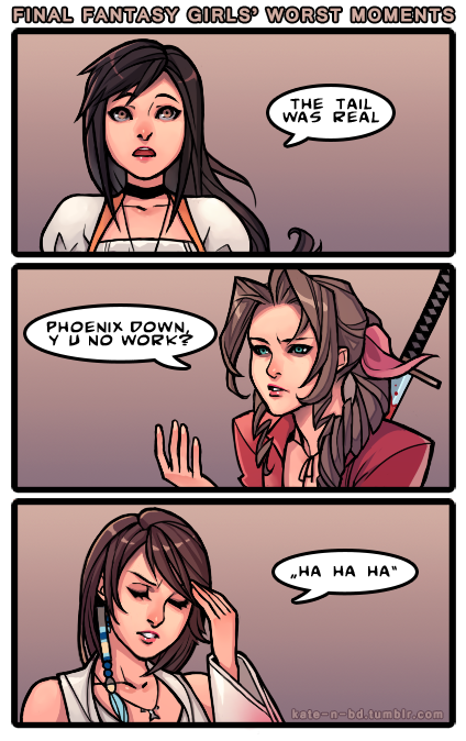 00s 1990s_(style) 3koma aerith_gainsborough black_hair blood bloody_weapon braid brown_hair choker comic company_connection crossover english_text final_fantasy final_fantasy_ix final_fantasy_vii final_fantasy_x gameplay_mechanics garnet_til_alexandros_xvii green_eyes kasia_nie long_hair retro_artstyle side_braid spoilers sword weapon yuna yuna_(ff10)
