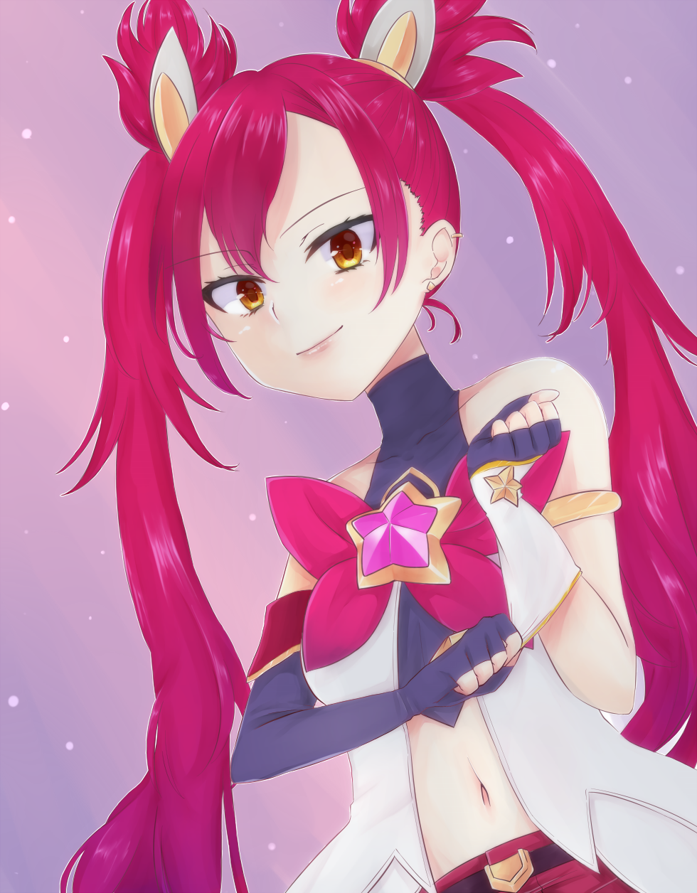 1girl alternate_costume alternate_hair_color alternate_hairstyle bare_shoulders belt black_gloves bow elbow_gloves female_focus fingerless_gloves gloves gumae hair_ornament highres jinx_(league_of_legends) league_of_legends long_hair magical_girl red_bow red_eyes red_hair red_lips red_neckwear short_shorts shorts smile solo star_guardian_(league_of_legends) star_guardian_jinx twintails very_long_hair