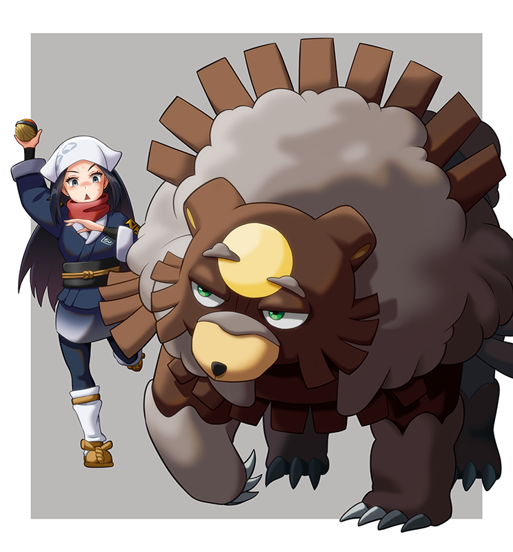 1girl akari_(pokemon) bear black_pantyhose black_shirt blue_eyes blush claws eyelashes full_moon green_eyes grey_background grey_jacket grey_skirt hassaku_(troillungan) headscarf hisuian_poke_ball jacket leg_lift long_hair loose_socks moon mud nintendo open_mouth pantyhose patterned poke_ball pokemon pokemon_legends:_arceus red_scarf scarf shirt sidelocks skirt socks surprised ursaluna