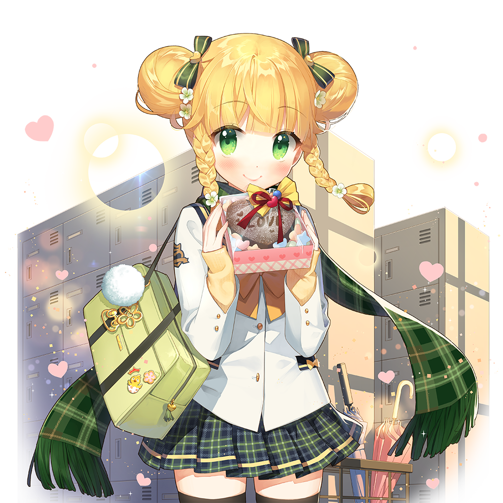 1girl bag black_thighhighs blonde_hair braid chocolate double_bun food green_eyes green_scarf green_skirt hair_bun holding holding_chocolate holding_food locker plaid_clothes plaid_scarf plaid_skirt salt_(salty) sapphire_emerald scarf school_bag school_uniform skirt thighhighs twin_braids twintails uchi_no_hime-sama_ga_ichiban_kawaii