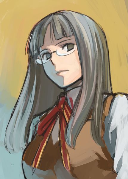 00s artist_request empty_eyes fate/stay_night fate_(series) glasses grey_eyes grey_hair hime_cut himuro_kane homurabara_academy_school_uniform long_hair non-web_source school_uniform solo vest
