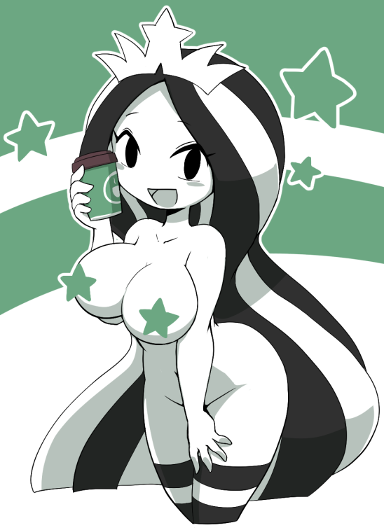 1girl black_eyes breasts censored cleavage crown cup disposable_coffee_cup disposable_cup holding holding_cup large_breasts long_hair looking_at_viewer multicolored_hair navel nollety nude open_mouth solo starbucks stb-chan striped_clothes striped_thighhighs thighhighs very_long_hair