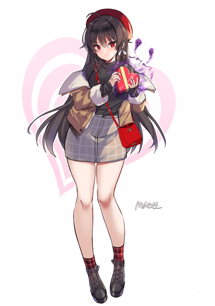 1girl ahoge bag beret black_footwear black_hair blush breasts check full_body gift hat highres holding holding_gift iris_yuma jacket long_hair looking_at_viewer maett non-web_source red_eyes shirt skirt soulworker