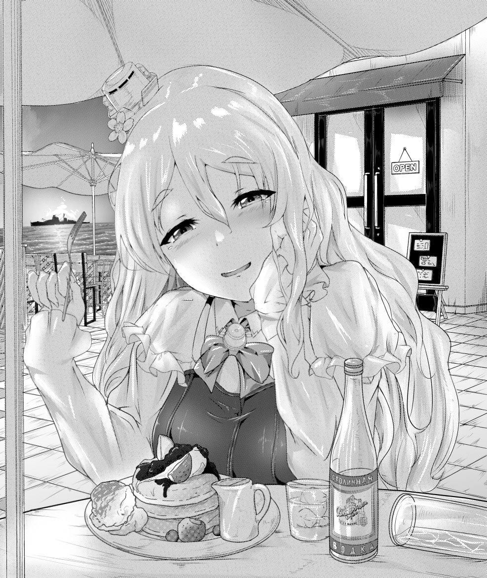 1girl alcohol bad_id bad_twitter_id blush bottle breasts drawing_nk female_focus flower food fork fruit glass greyscale hair_between_eyes hair_flower hair_ornament hat holding holding_fork ice ice_cube kantai_collection long_hair long_sleeves mini_hat monochrome ocean open_mouth open_sign outdoors pancake plate pola_(kancolle) ship sitting solo table vodka water watercraft