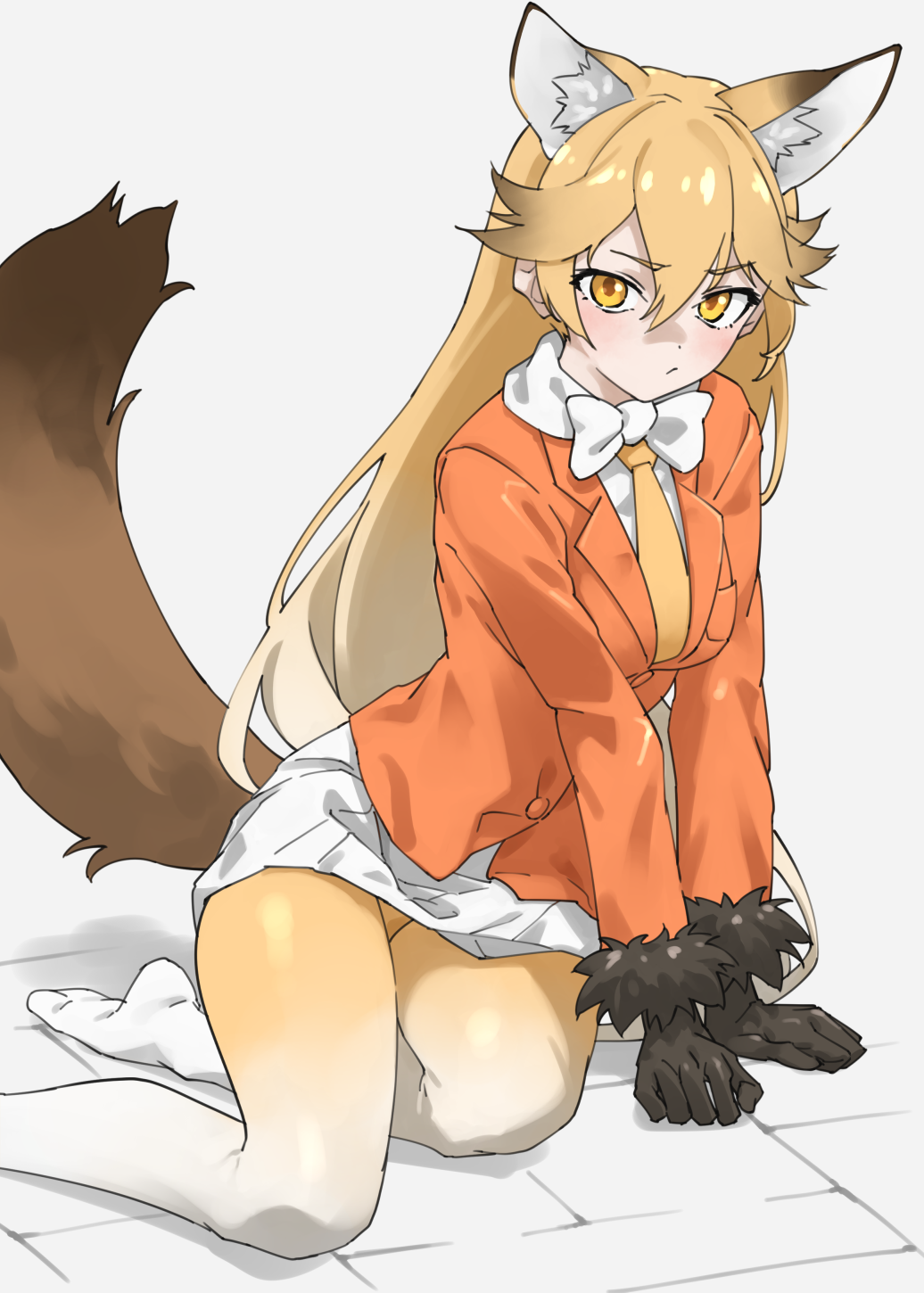 1girl animal_ear_fluff animal_ears black_gloves blonde_hair bow bowtie brown_tail closed_mouth commentary extra_ears ezo_red_fox_(kemono_friends) fox_ears fox_girl fox_tail from_below fur-trimmed_sleeves fur_trim gloves gradient_pantyhose highres jacket kemono_friends long_hair long_sleeves looking_at_viewer miniskirt necktie orange_jacket pantyhose pleated_skirt simple_background sitting skirt soles solo tail tanabe_(fueisei) two-tone_pantyhose white_background white_bow white_bowtie white_pantyhose white_skirt yellow_necktie yellow_pantyhose yokozuwari
